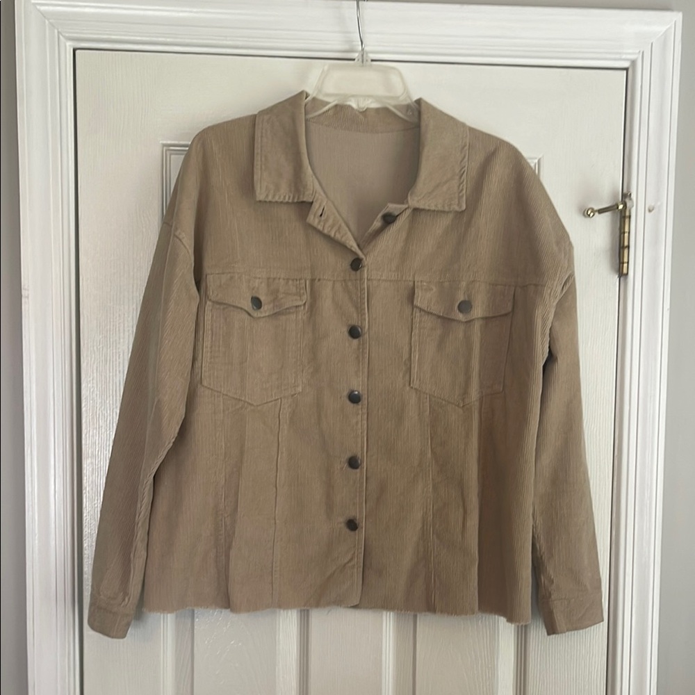 Women's Tan Raw-hem Corduroy Shacket Size L